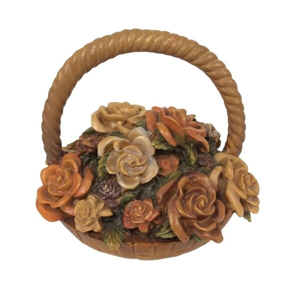 Vintage Mid-Century Carved Composite Wood Flower Basket Figurine Detailed Roses - Picture 1 of 7